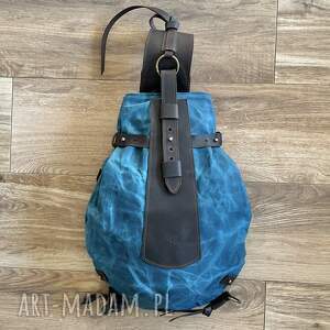 niebiesko brązowy plecak „bukłak” z bawełny woskowanej