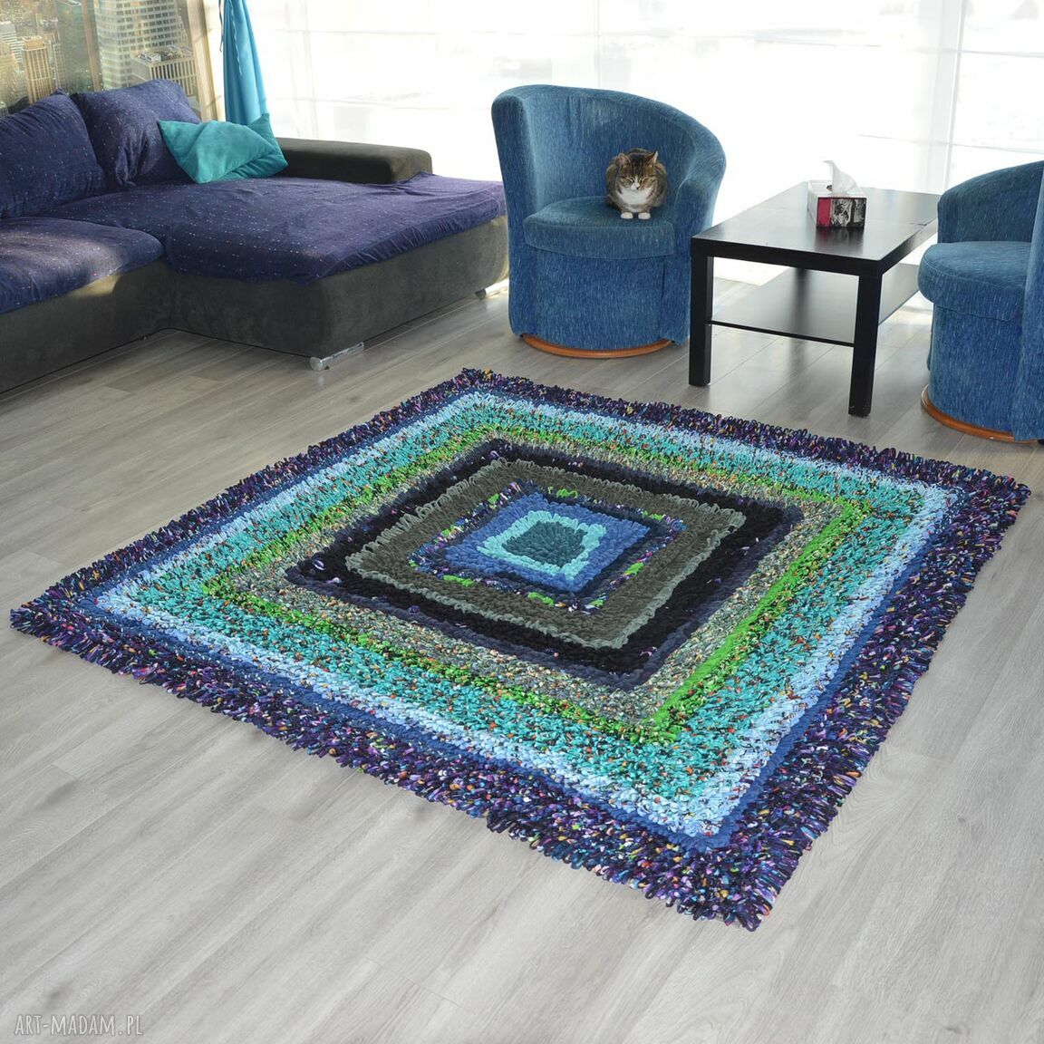 Niebiesko-zielony dywan 170x170 cm handmade z resztek do salonu