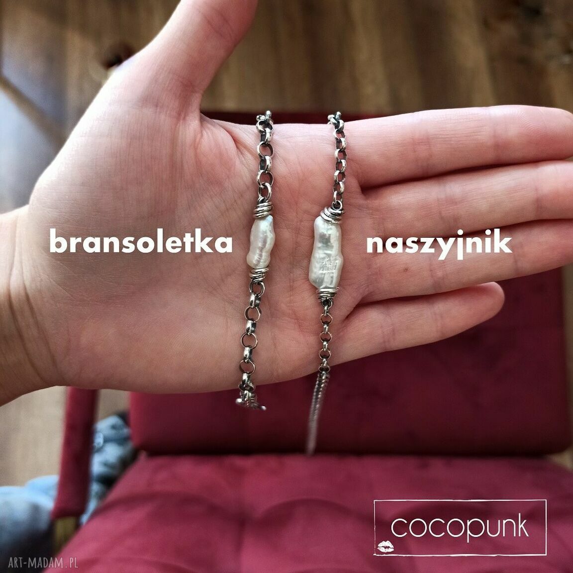 Ręcznie robiona bransoletka srebro 925 z nieregularną perłą biwa
