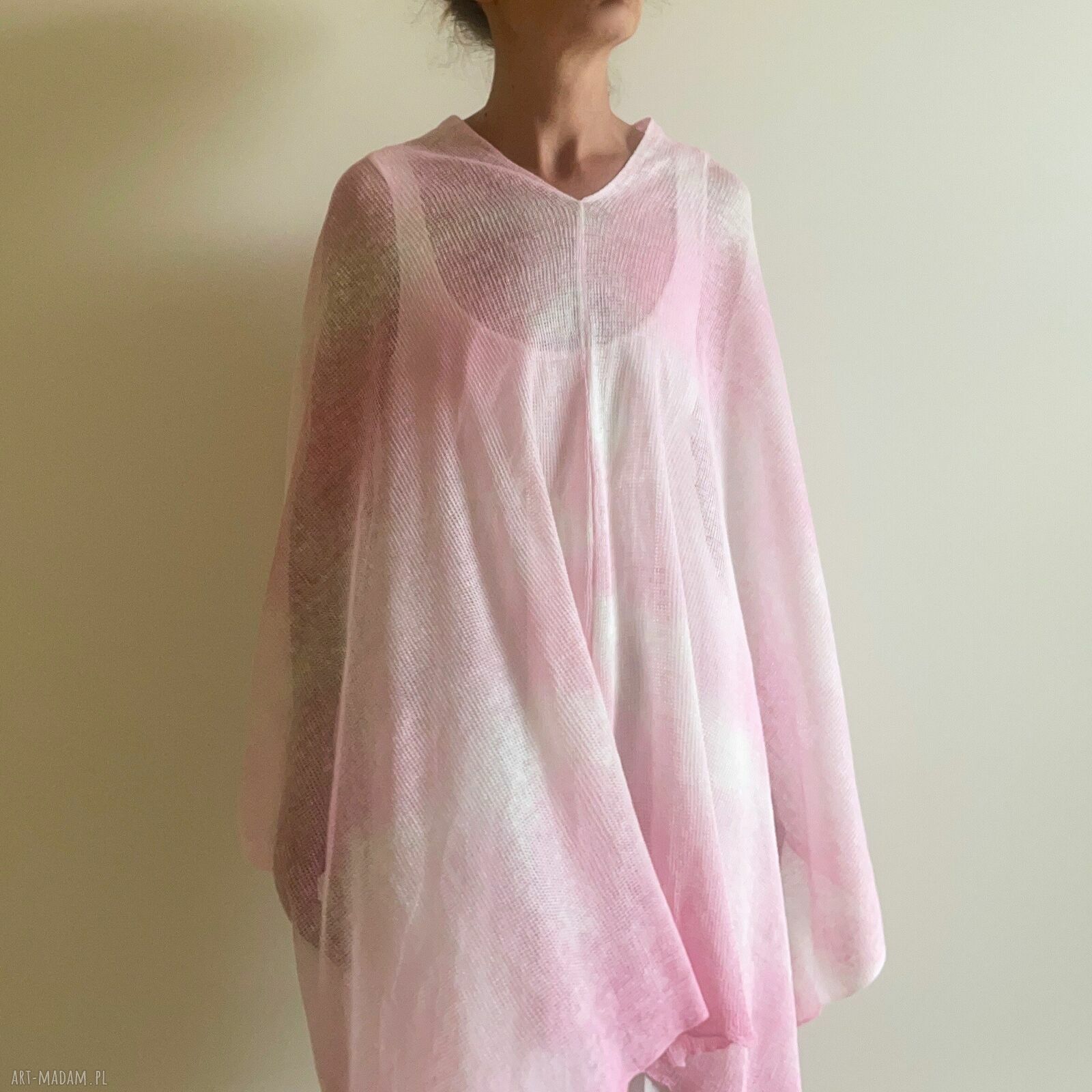 Narzutka lniana w jasnym różu - poncho handmade na dzień i na uroczyste wyjście