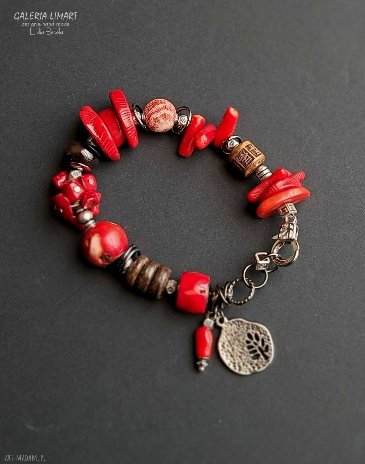 Niezwykła bransoleta boho z koralem i mixem minerałów UNIKAT