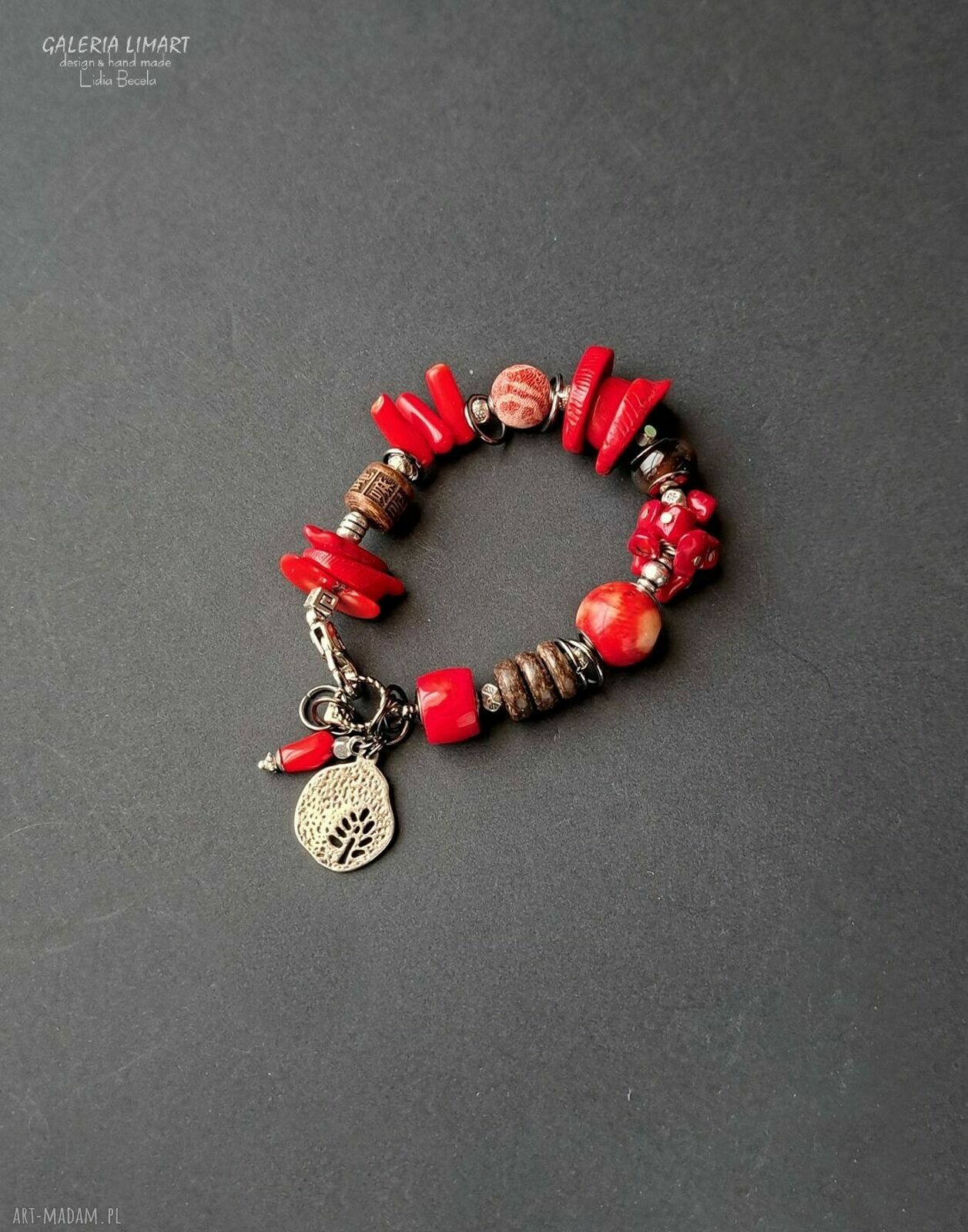Niezwykła bransoleta boho z koralem i mixem minerałów (UNIKAT)