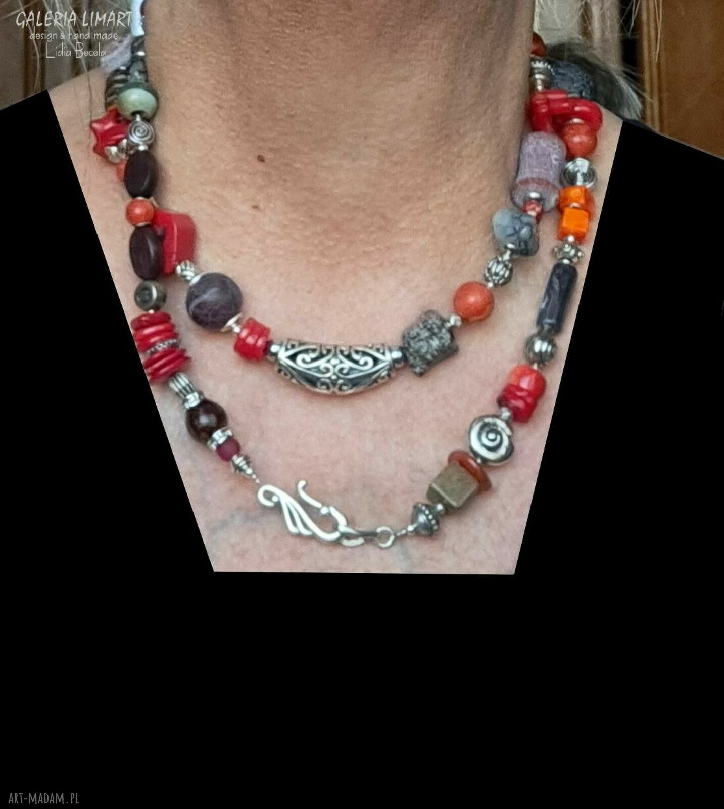 Niezwykły naszyjnik boho z koralem i mixem minerałów - ręcznie robiony UNIKAT