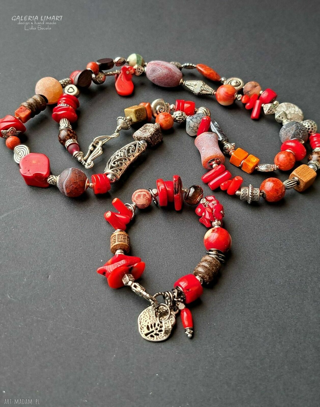 Niezwykły naszyjnik boho z koralem i mixem minerałów - ręcznie robiony UNIKAT