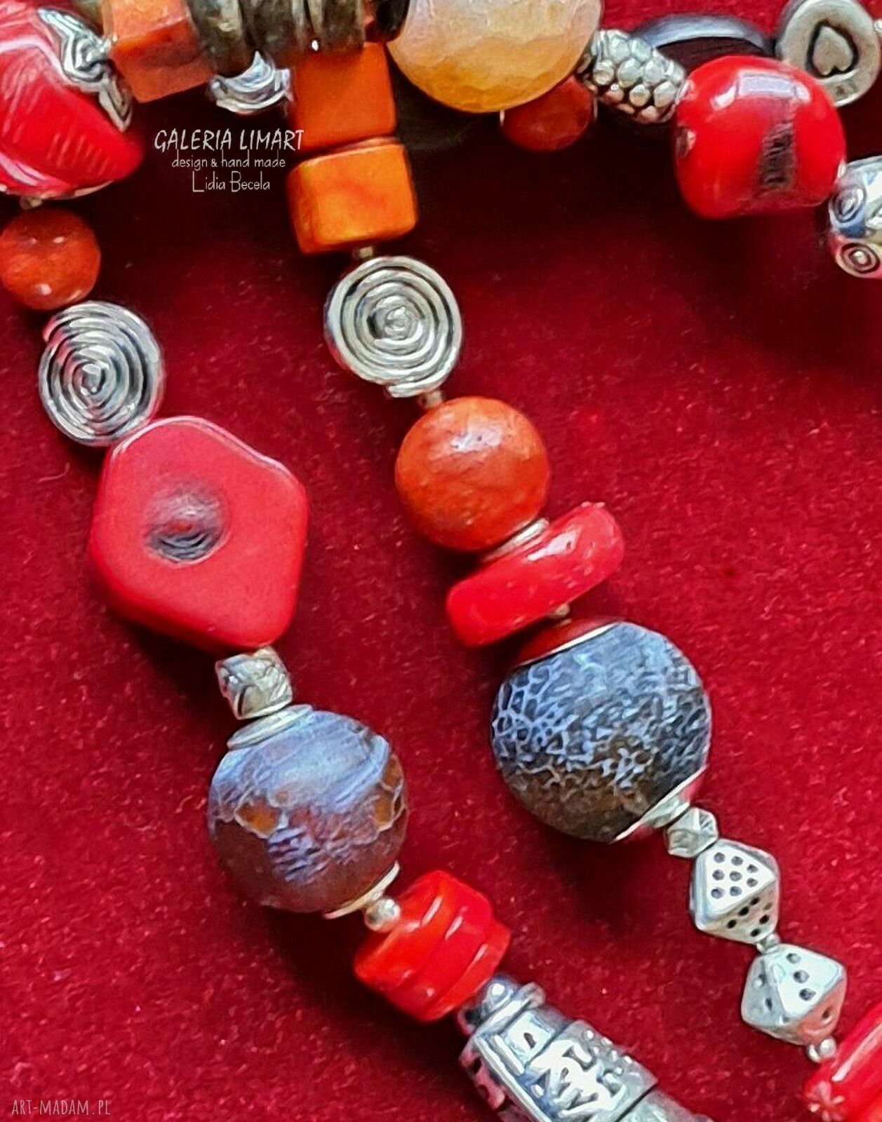 Niezwykły naszyjnik boho z koralem i mixem minerałów - ręcznie robiony UNIKAT