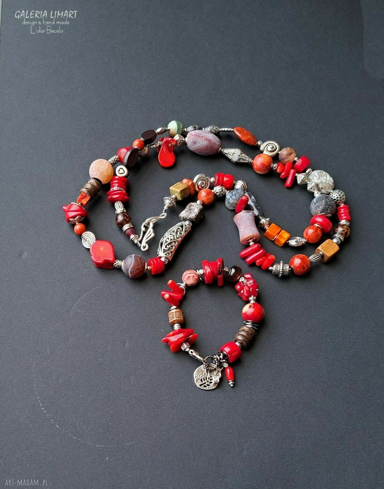 Niezwykły naszyjnik boho z koralem i mixem minerałów - ręcznie robiony UNIKAT