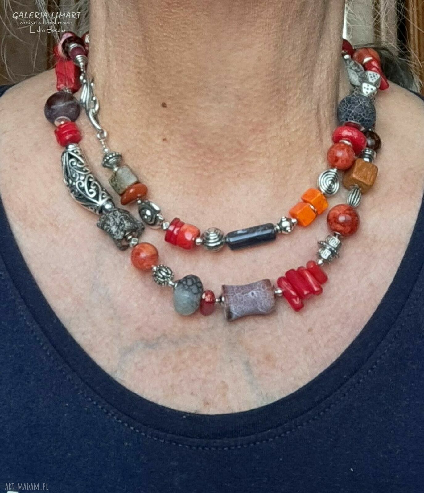 Niezwykły naszyjnik boho z koralem i mixem minerałów - ręcznie robiony UNIKAT