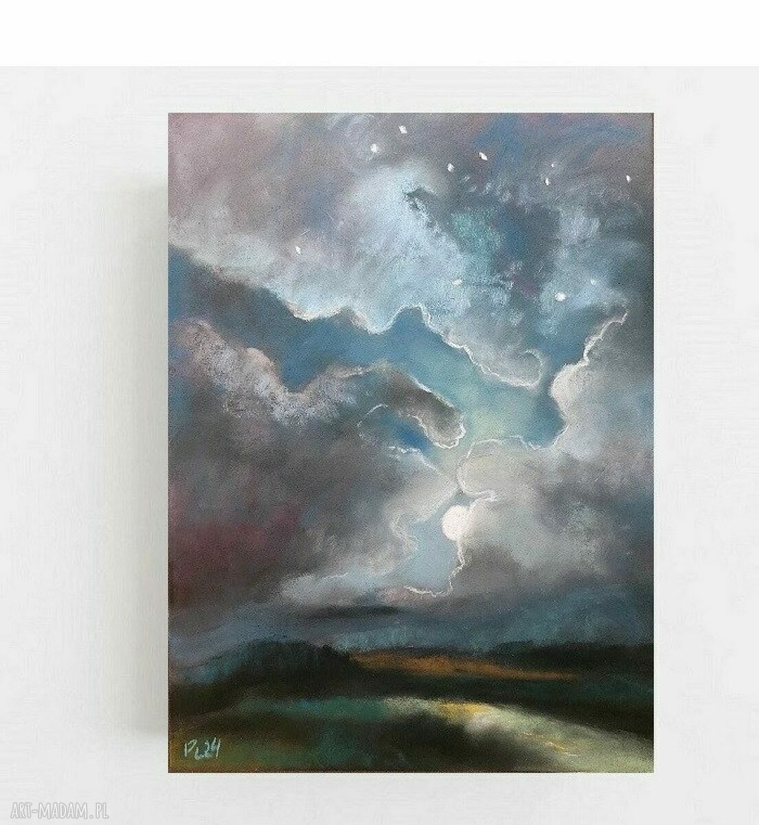 NOC - rysunek pastelami suchymi 24 x 18 cm - motyw nocny w odcieniach niebieskiego, szarego i zieleni
