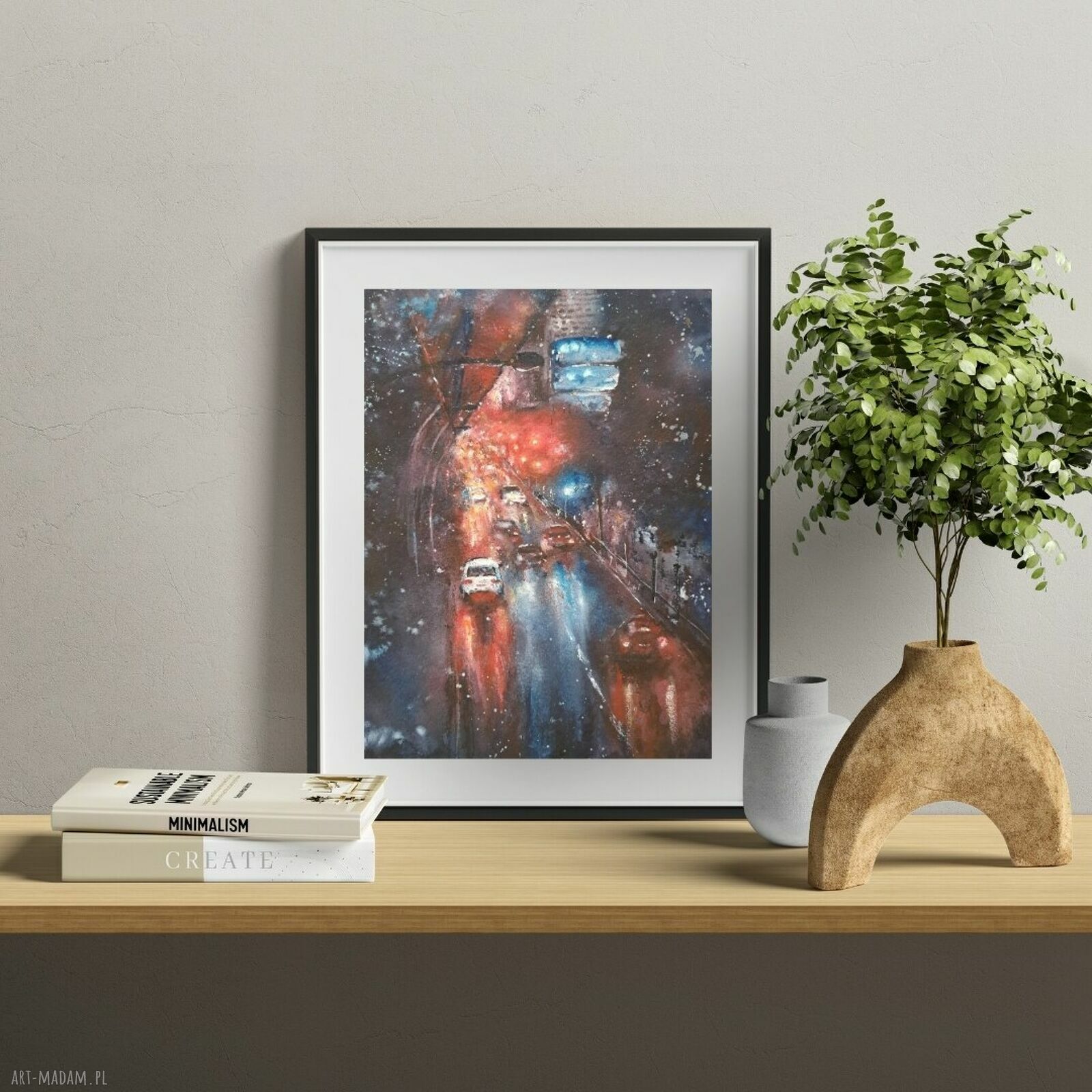Nocny pejzaż miejski w deszczu - plakat akwarelowy A3