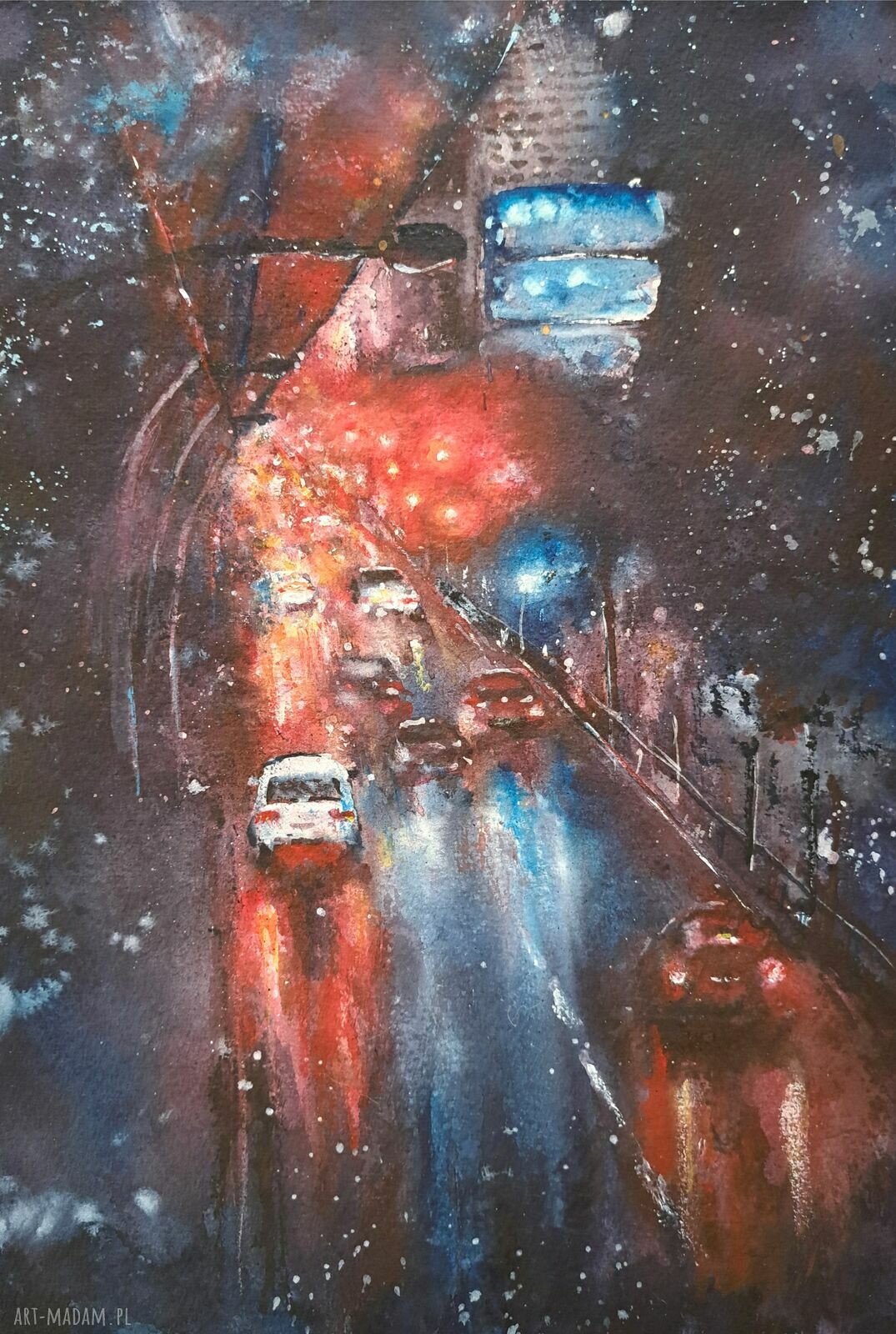 Nocne miasto w deszczu - artystyczny plakat akwarelowy A4