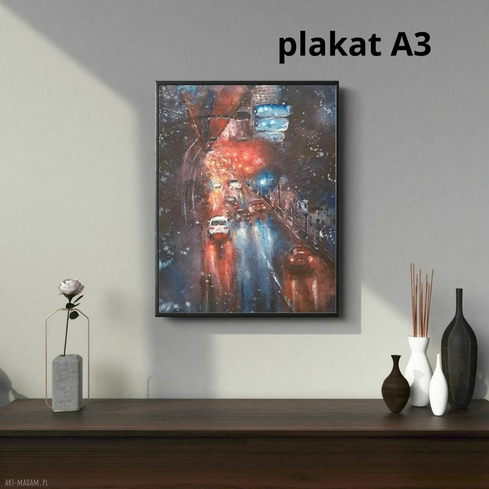 Nocny pejzaż miejski w deszczu - plakat akwarelowy A3