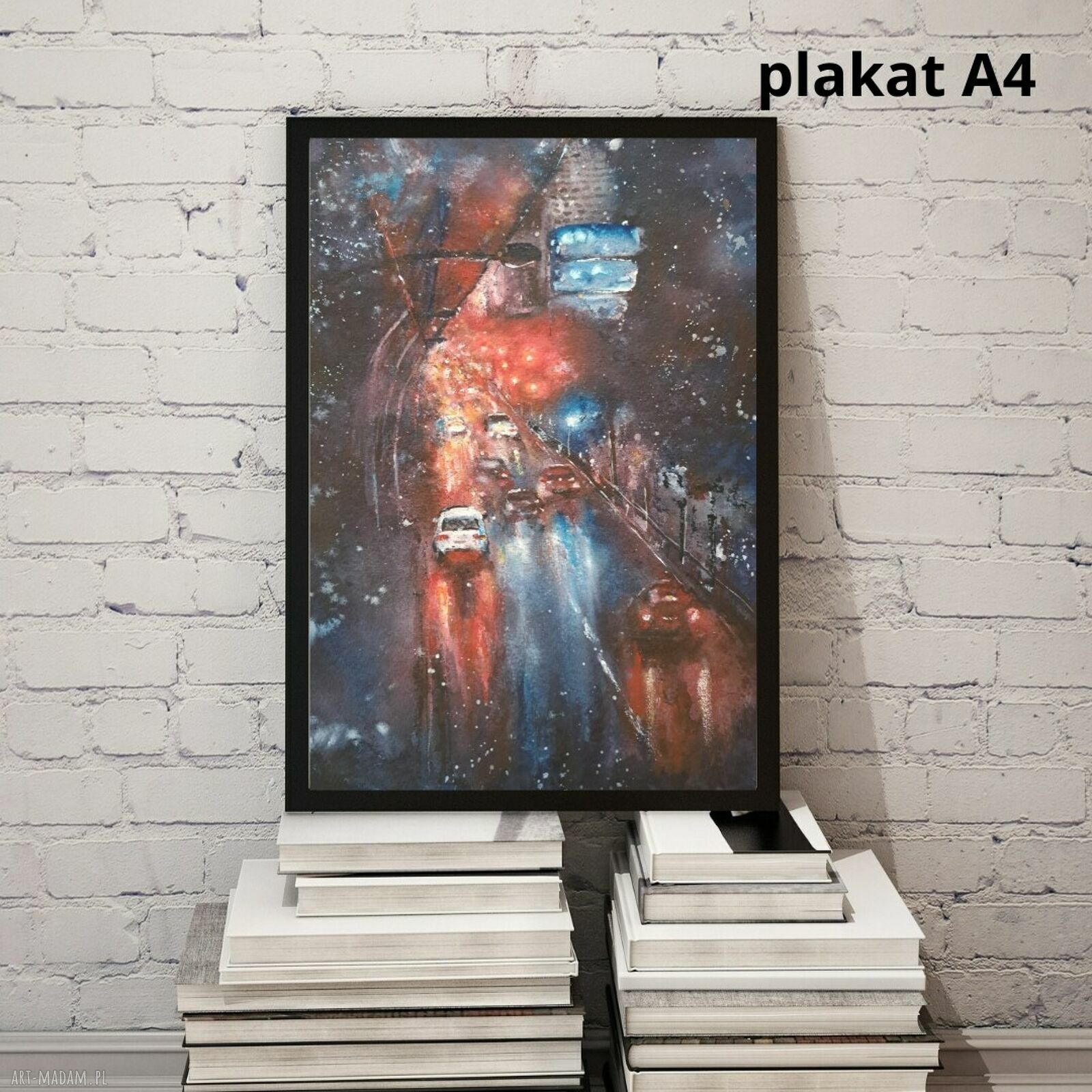 Nocne miasto w deszczu - artystyczny plakat akwarelowy A4