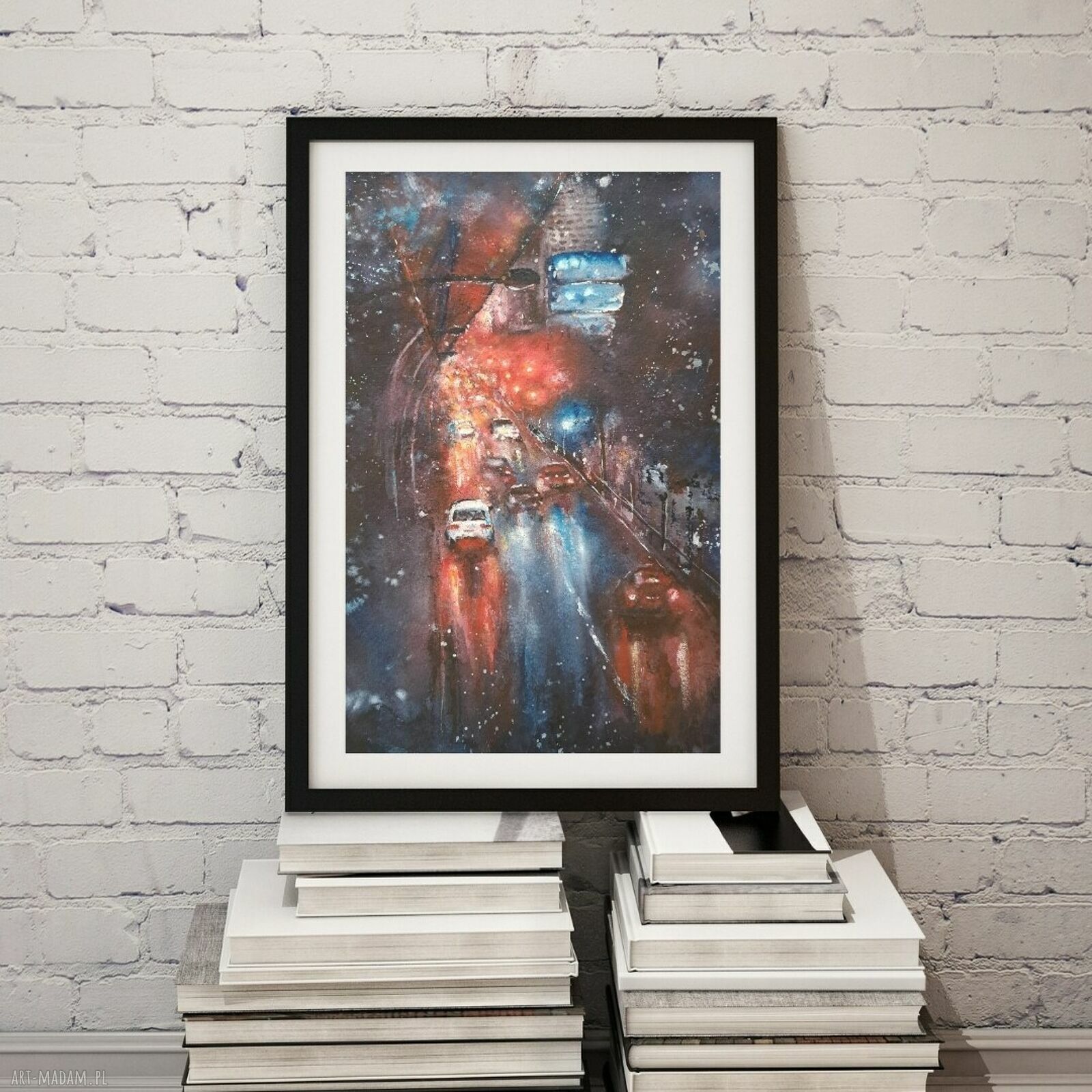 Nocne miasto w deszczu - artystyczny plakat akwarelowy A4