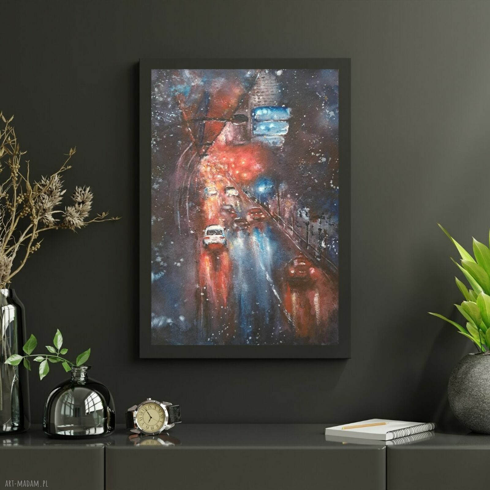 Nocne miasto w deszczu - artystyczny plakat akwarelowy A4