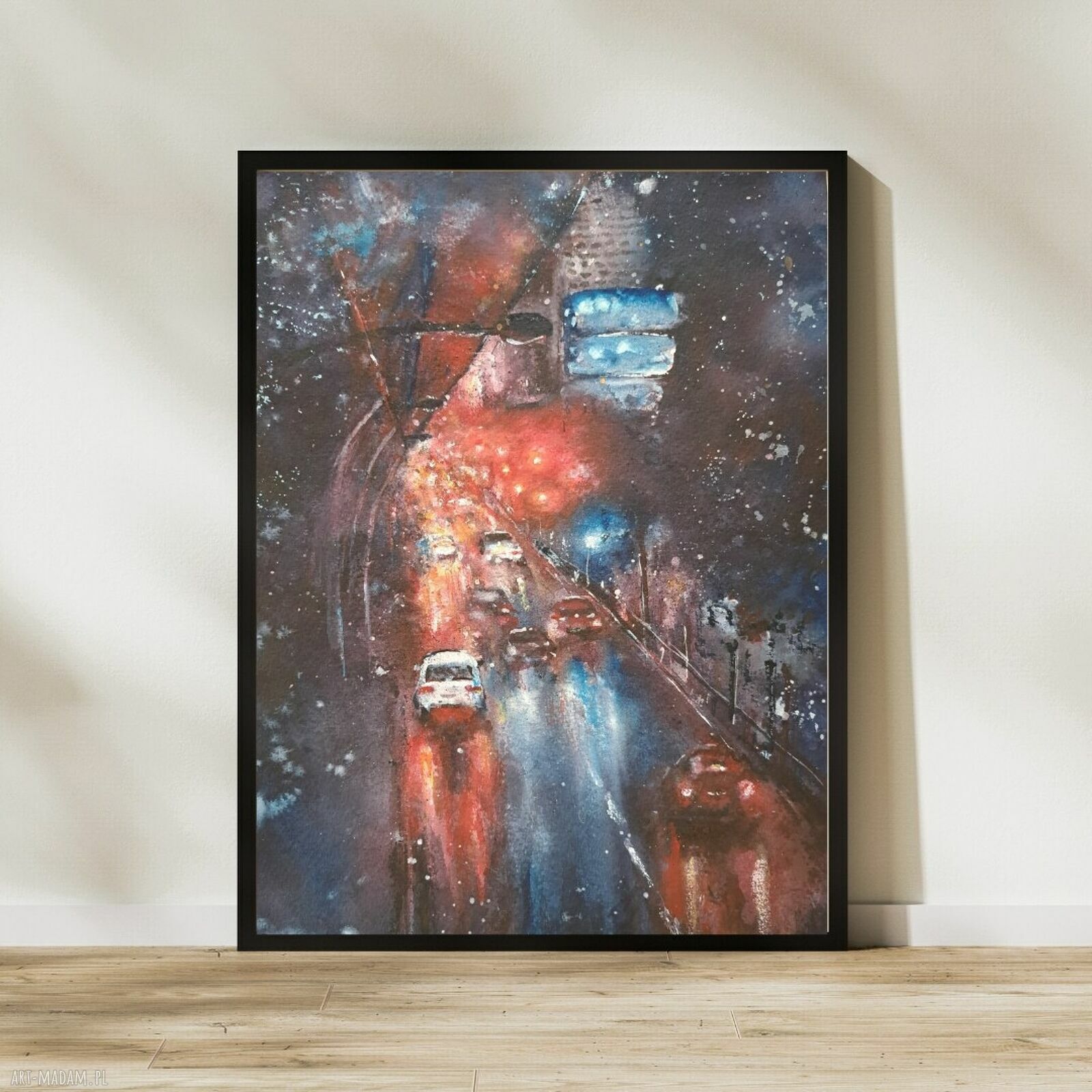 Nocne miasto w deszczu - artystyczny plakat akwarelowy A4