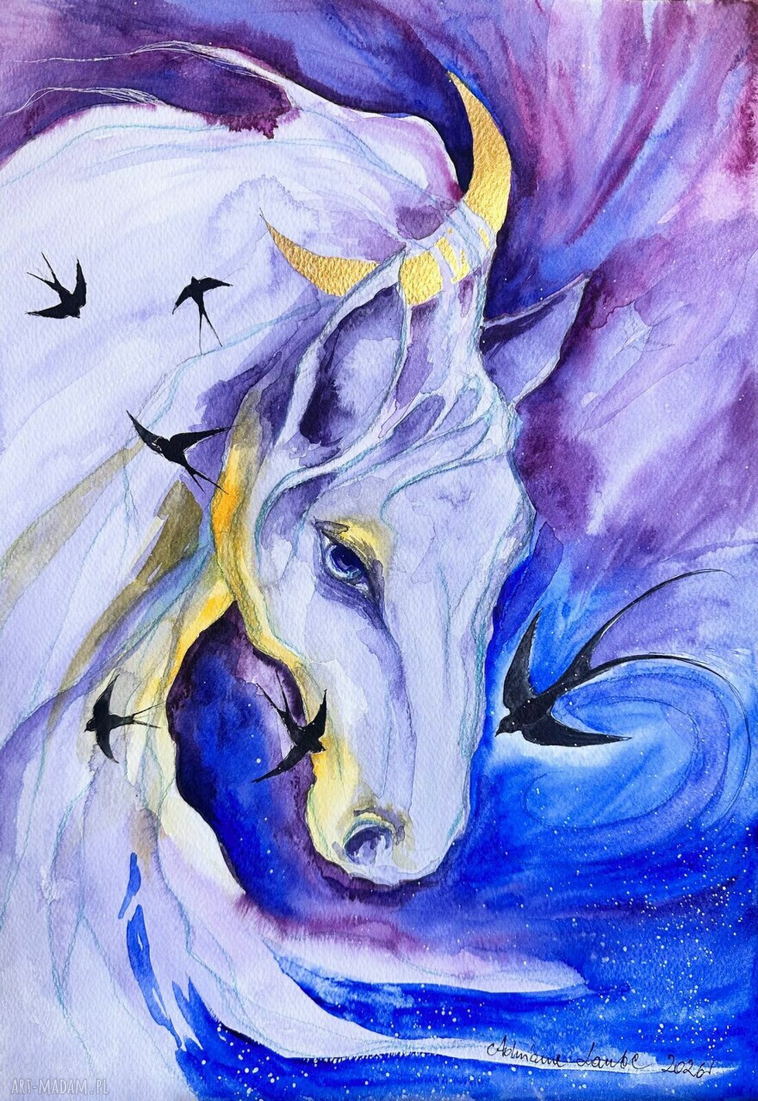 „Nocny wędrowiec” - akwarela koń portret, A3 42 x 30 cm