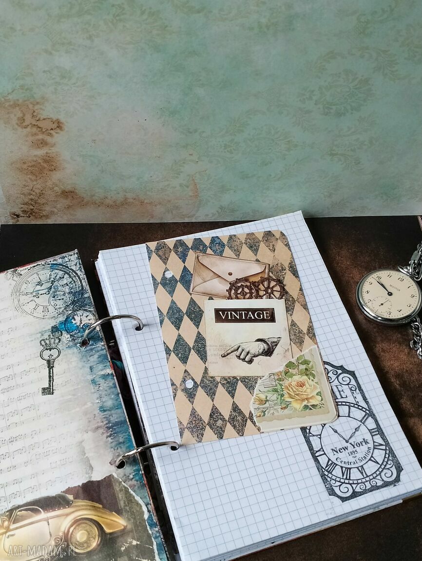 Pamiętnik Vintage A5 z trybikiem i zegarem - ręcznie robiony do jurnalingu
