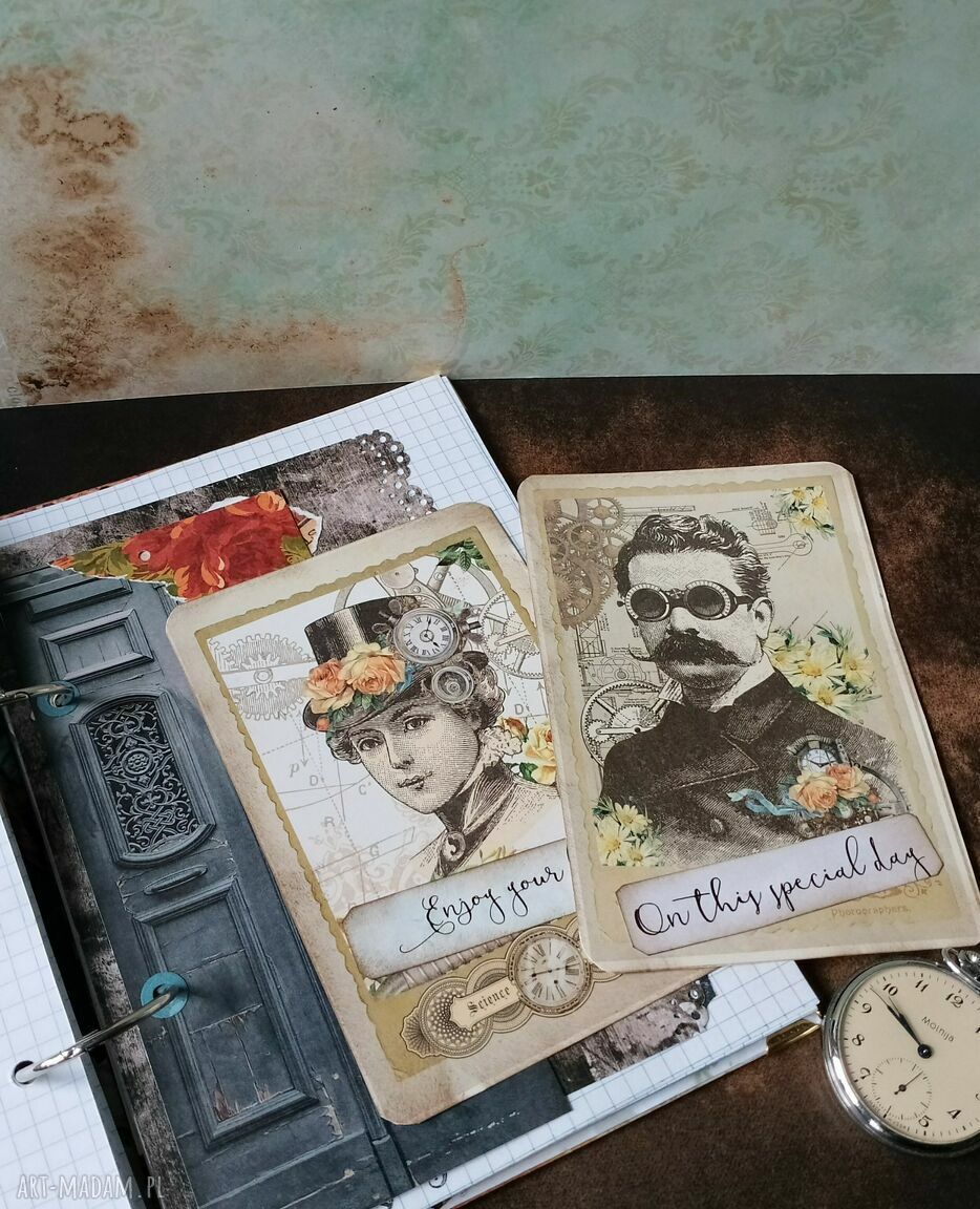 Pamiętnik Vintage A5 z trybikiem i zegarem - ręcznie robiony do jurnalingu