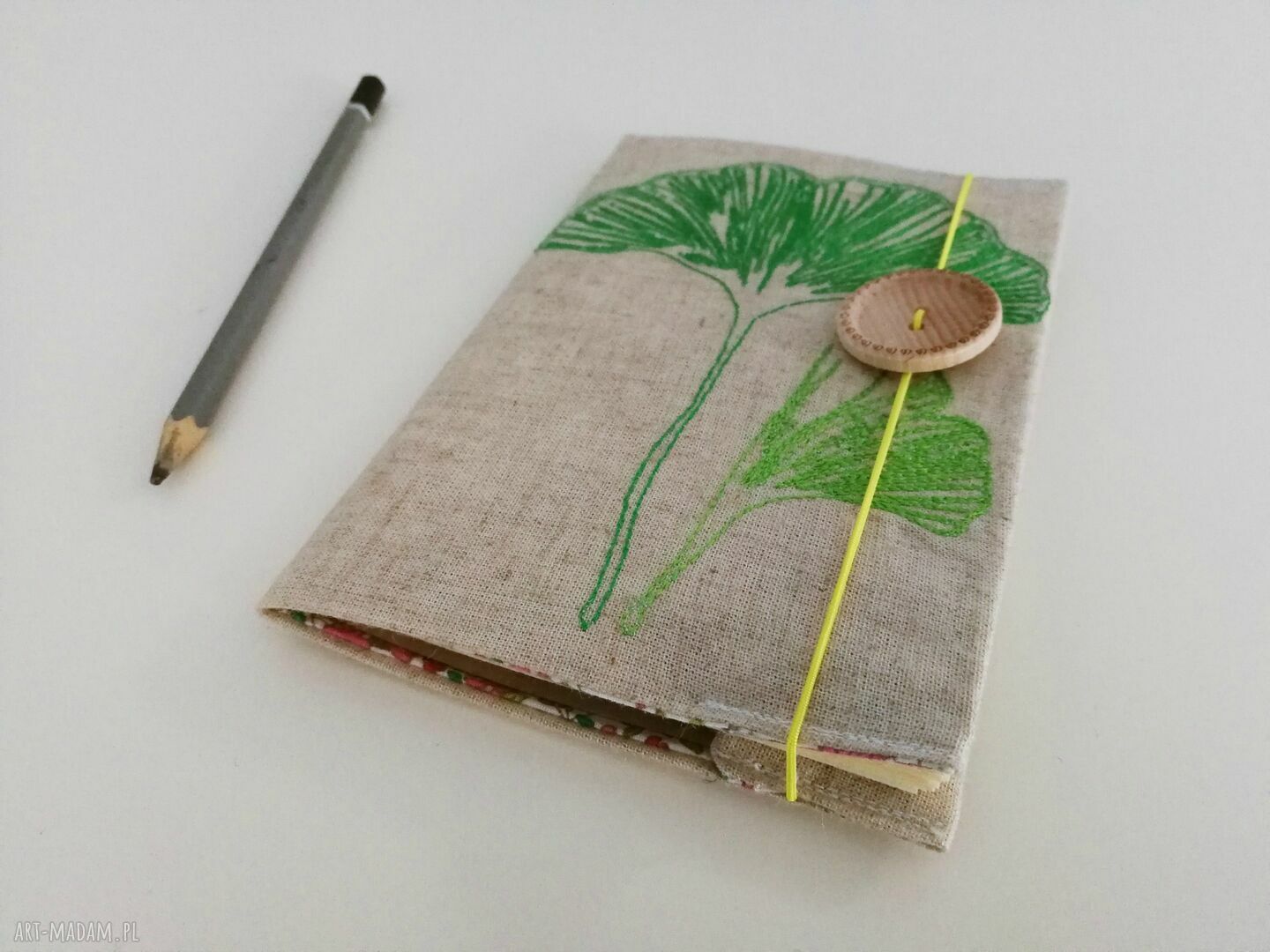 Notes ginko biloba lniany ręcznie haftowany notesik 15x10 cm