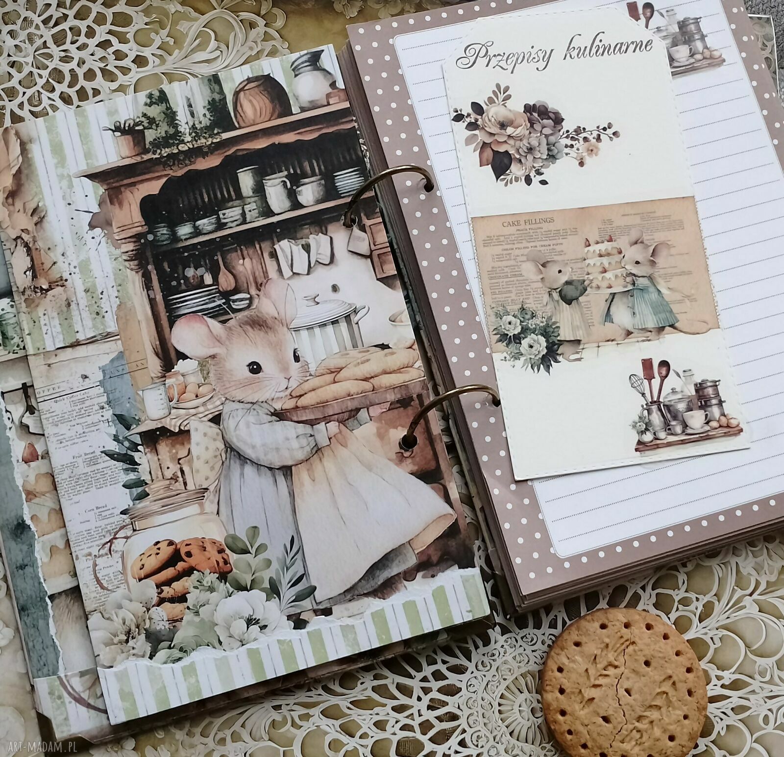 Ręcznie wykonany notes na przepisy A5 z myszkami kucharkami