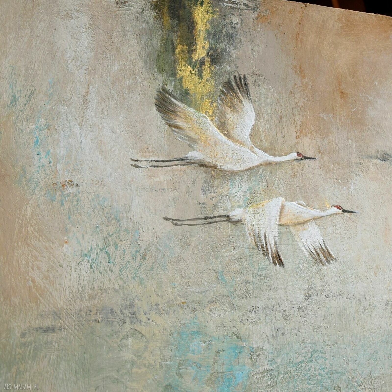 Żurawie - abstrakcyjny pejzaż, obraz ręcznie malowany 50x70 cm