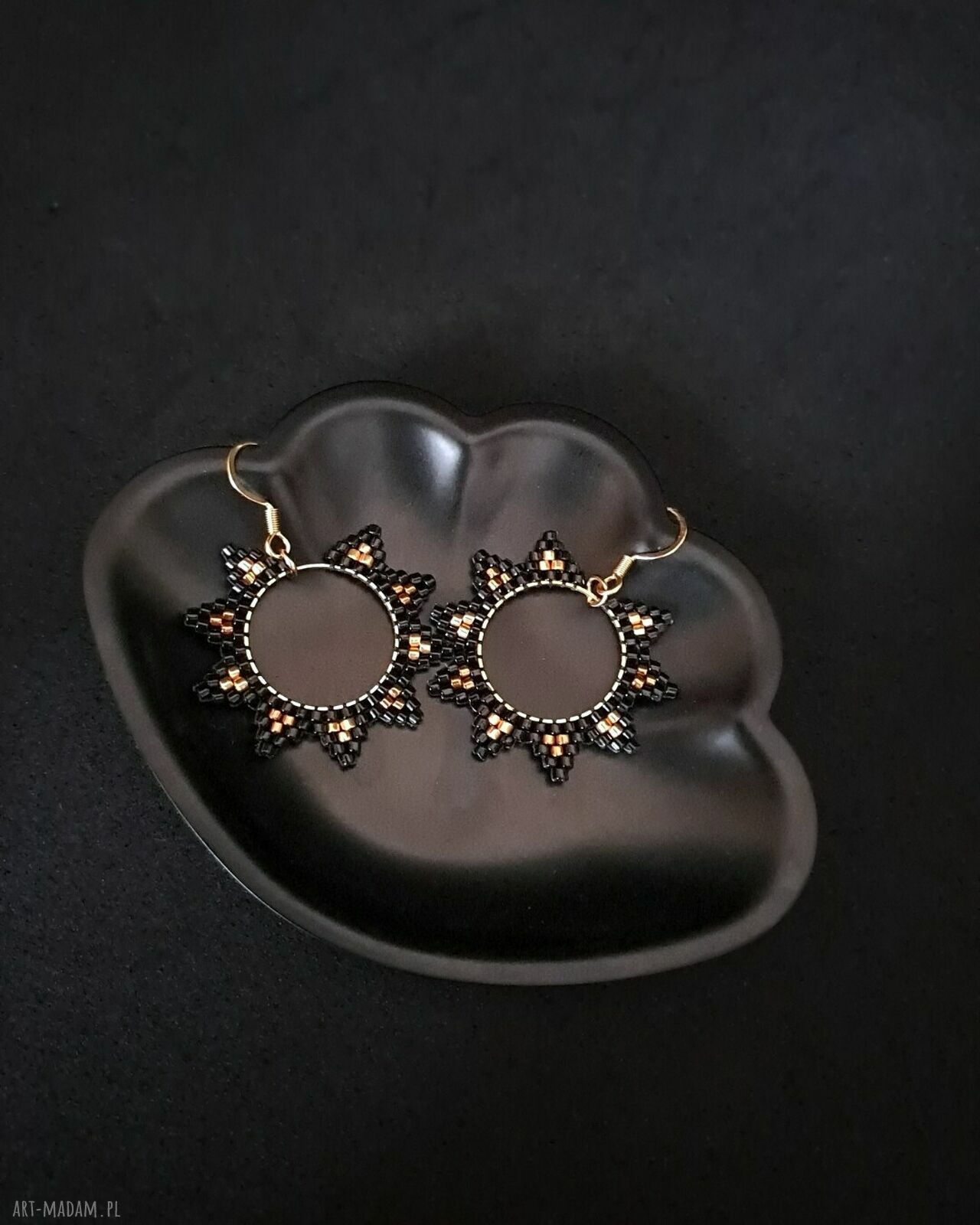 Czarno-Złote Kolczyki Koła z Koralików - Stal Nierdzewna