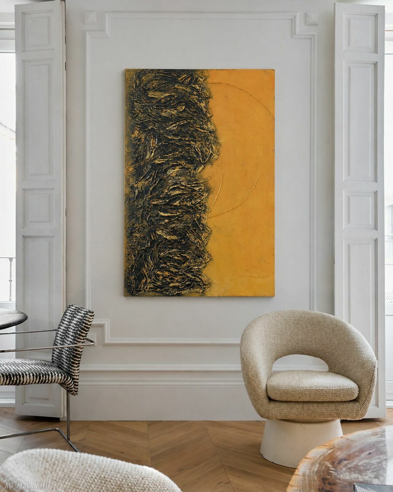 Nowoczesny modny obraz wielkoformatowy 100x150 cm z grubą strukturą - pomarańczowo-złoty