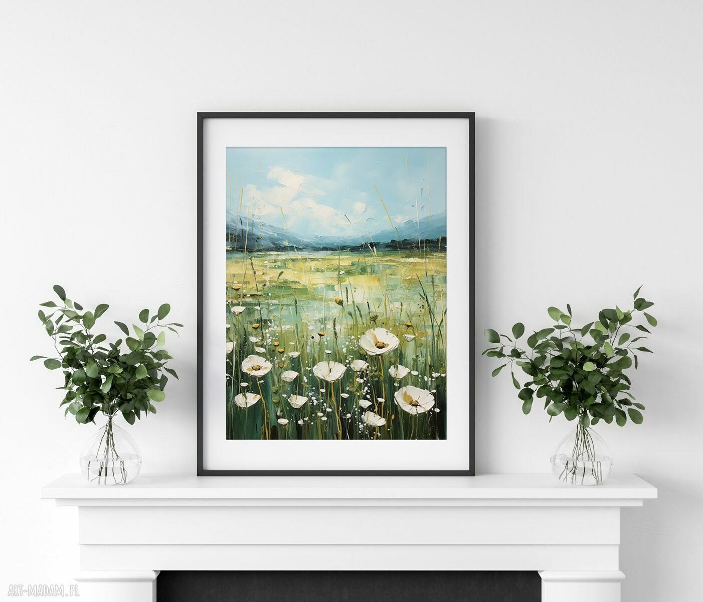 Nowoczesny obraz Zielona Łąka z białymi kwiatami w stylu boho - plakat 30x40 cm