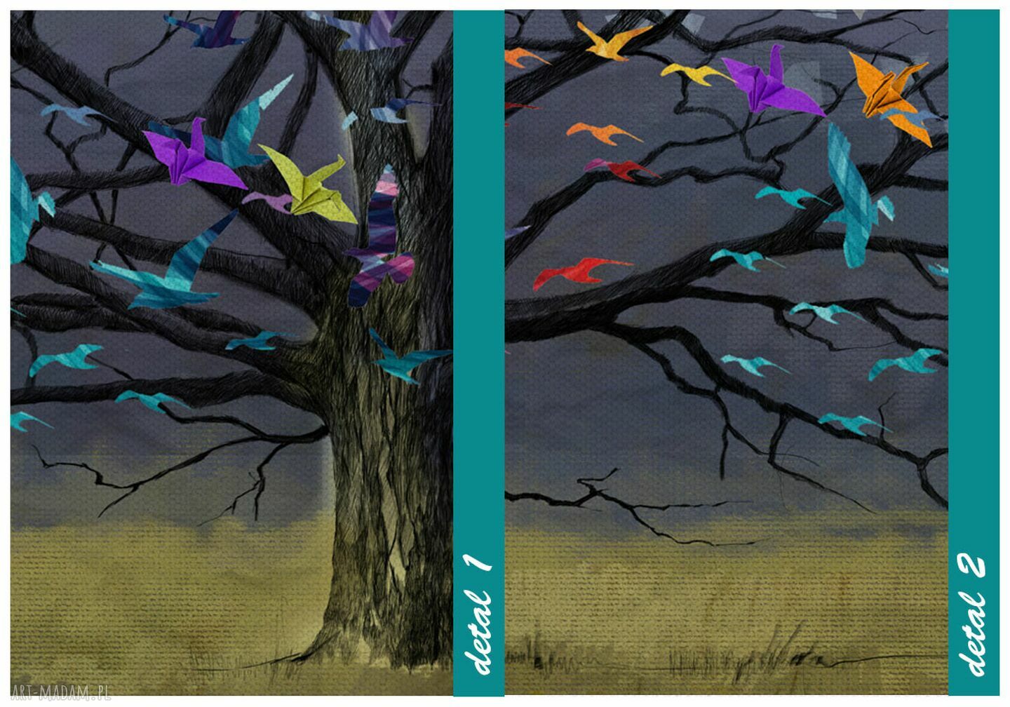 Kolorowy obraz origami z drzewem - nowoczesny abstrakcyjny pejzaż 147x60 cm