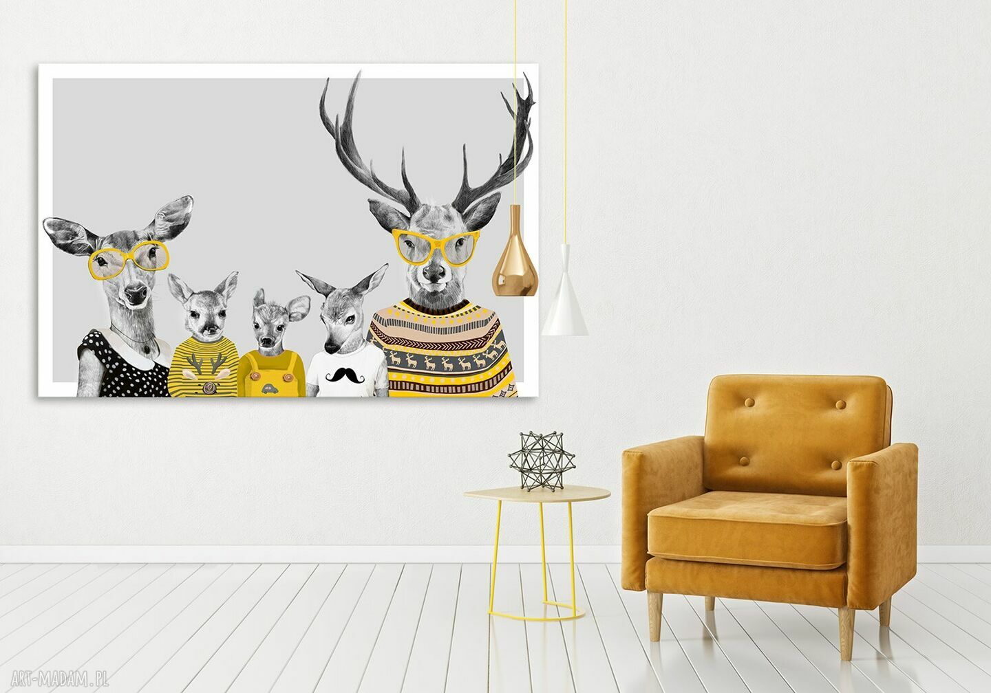 Rodzina Jeleni w Sweterkach - obraz 120x80 cm na płótnie do salonu i pokoju dziecka