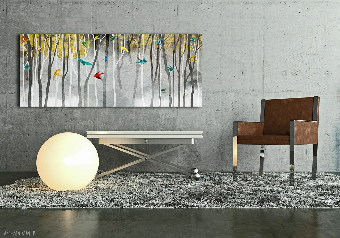 Nowoczesny obraz z ptakami origami - abstrakcyjny pejzaż na płótnie 147x60 cm