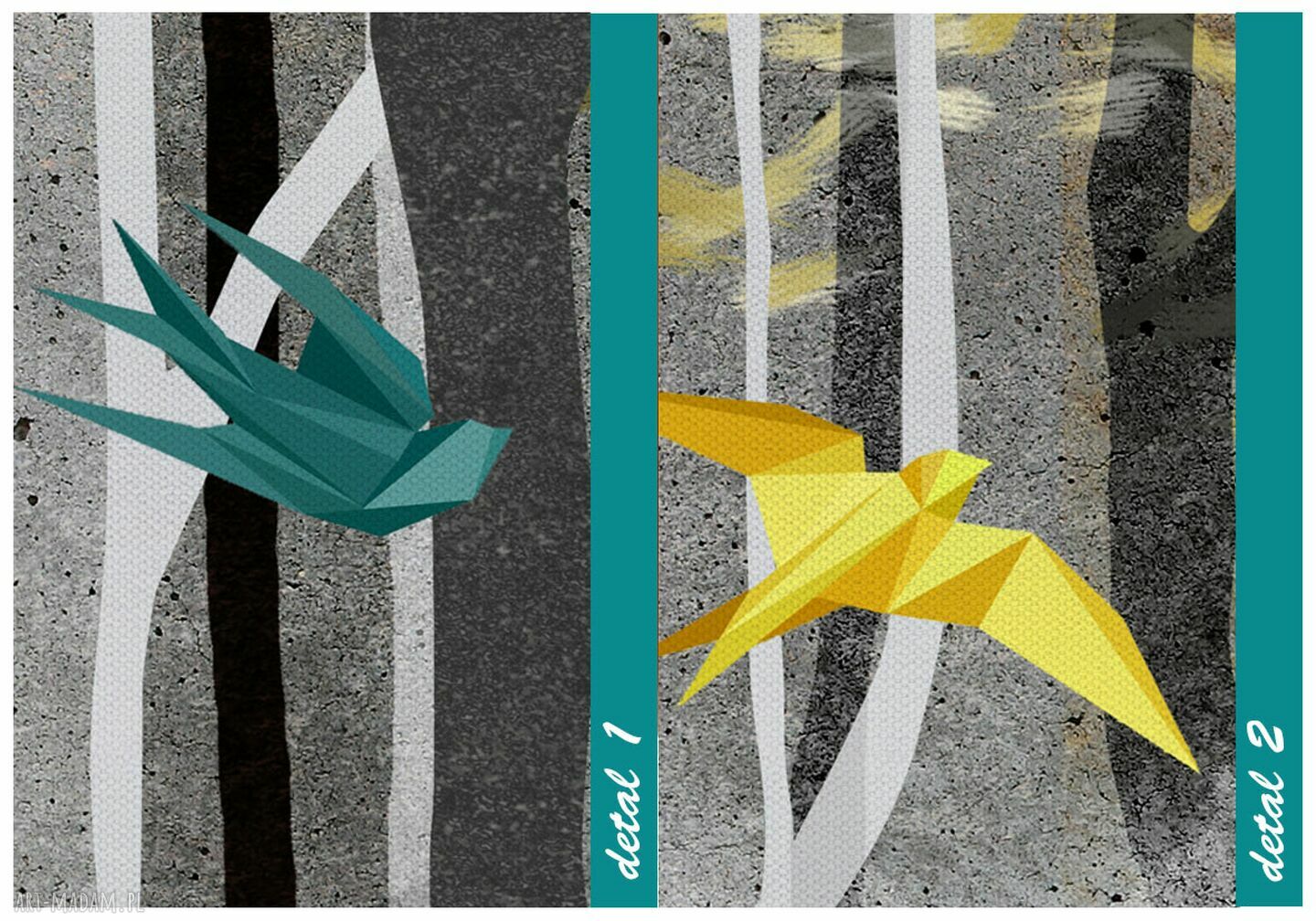 Nowoczesny obraz do salonu na płótnie - abstrakcyjny pejzaż z ptakami origami 02444