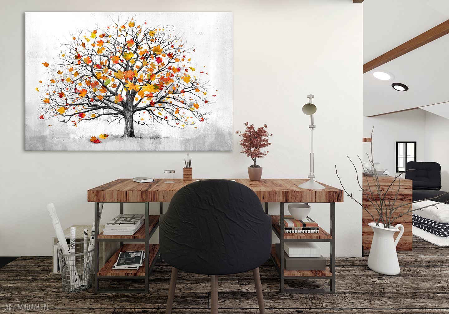 Nowoczesny obraz do salonu 120x80 cm z jesiennym drzewem i liśćmi na płótnie
