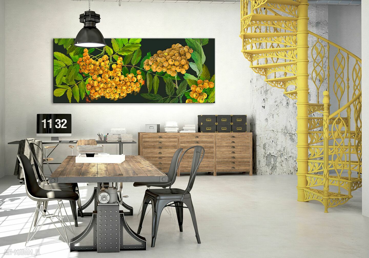 Nowoczesny obraz do salonu z żółtą jarzębiną 147x60 cm