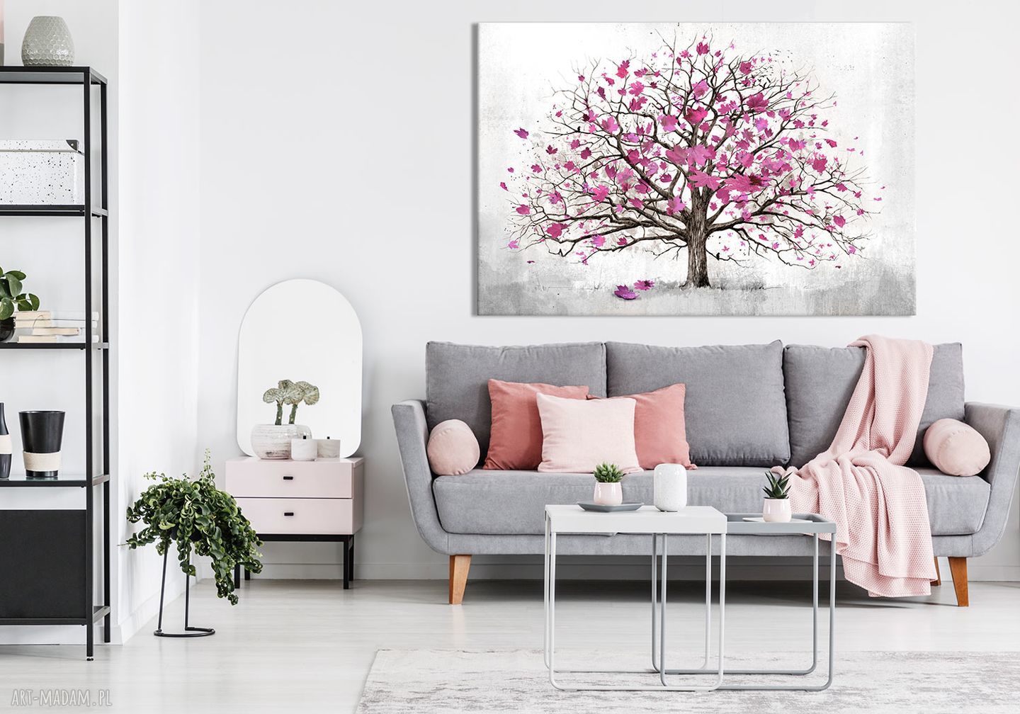 Nowoczesny obraz do salonu drukowany na płótnie z drzewem - różowe drzewo, duży format 120x80 cm