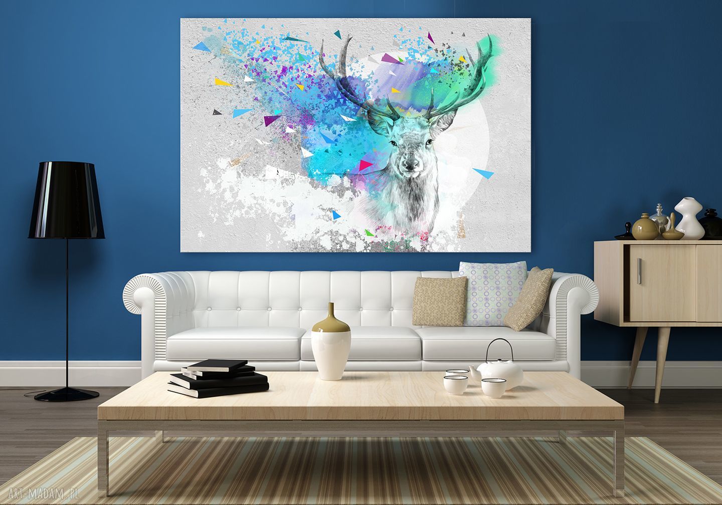 Nowoczesny obraz do salonu drukowany na płótnie z abstrakcyjnym jeleniem, duży format 120x80 cm