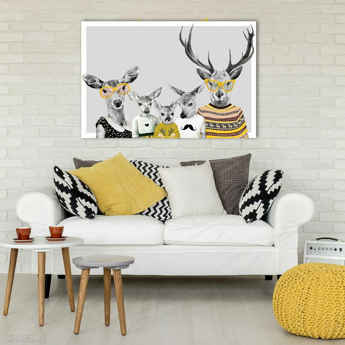 Nowoczesny obraz na płótnie 100x70 cm - Rodzina jeleni w żółtych sweterkach