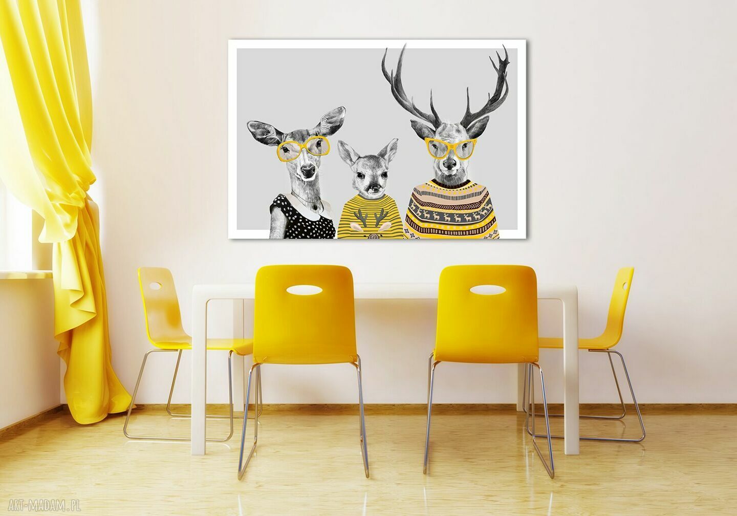 Nowoczesny obraz drukowany na płótnie 120x80 cm - rodzina jeleni w żółtych sweterkach 02459