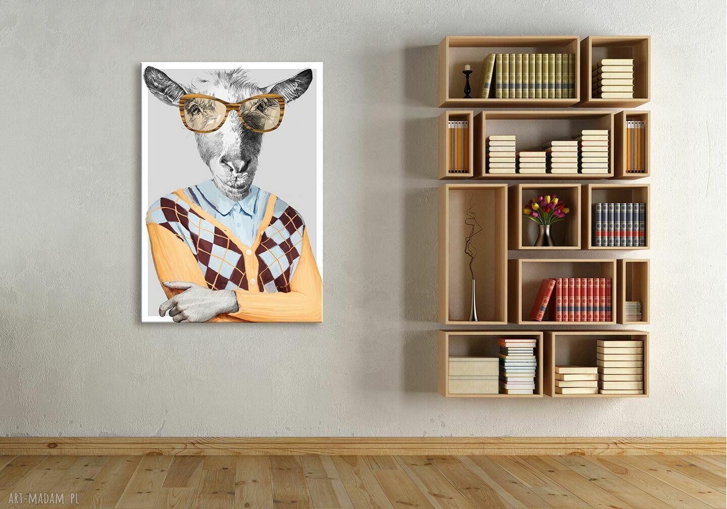Nowoczesny obraz na płótnie - KOZA GRAŻYNKA w sweterku, 70x100 cm