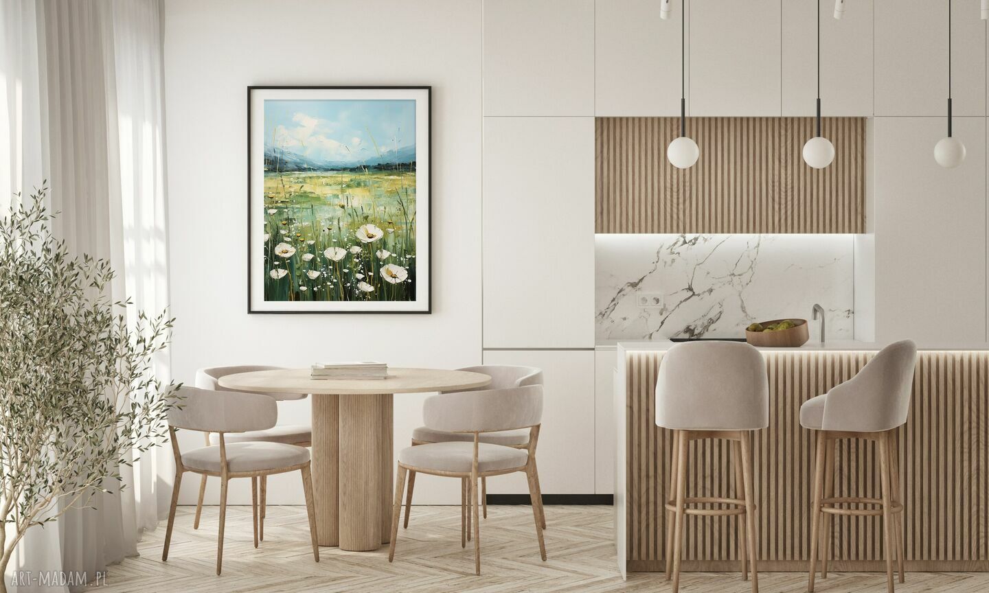 Nowoczesny obraz Zielona Łąka z białymi kwiatami w stylu boho - plakat 30x40 cm