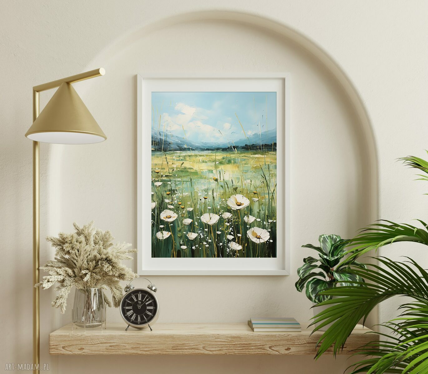 Nowoczesny obraz Zielona Łąka z białymi kwiatami w stylu boho - plakat 30x40 cm