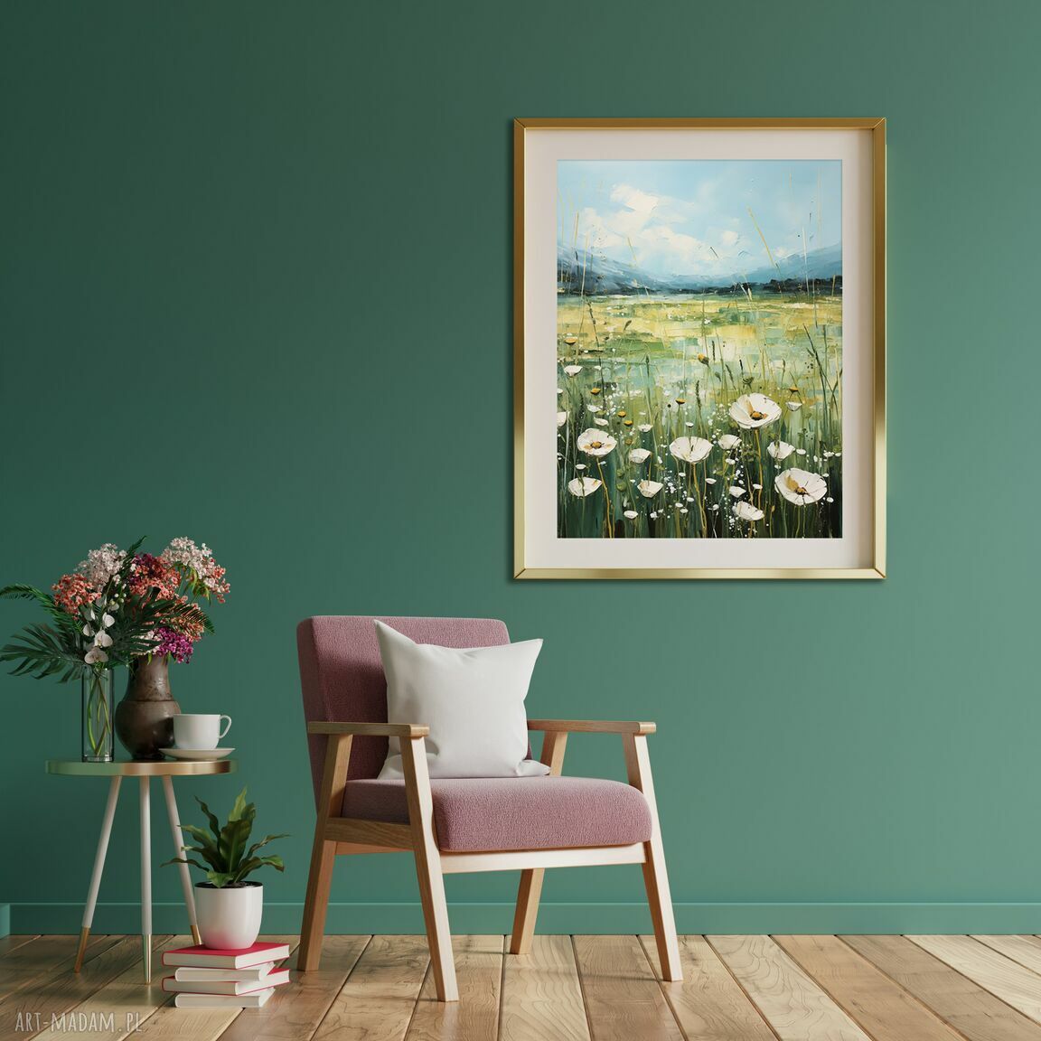 Nowoczesny obraz Zielona Łąka z białymi kwiatami w stylu boho - plakat 30x40 cm