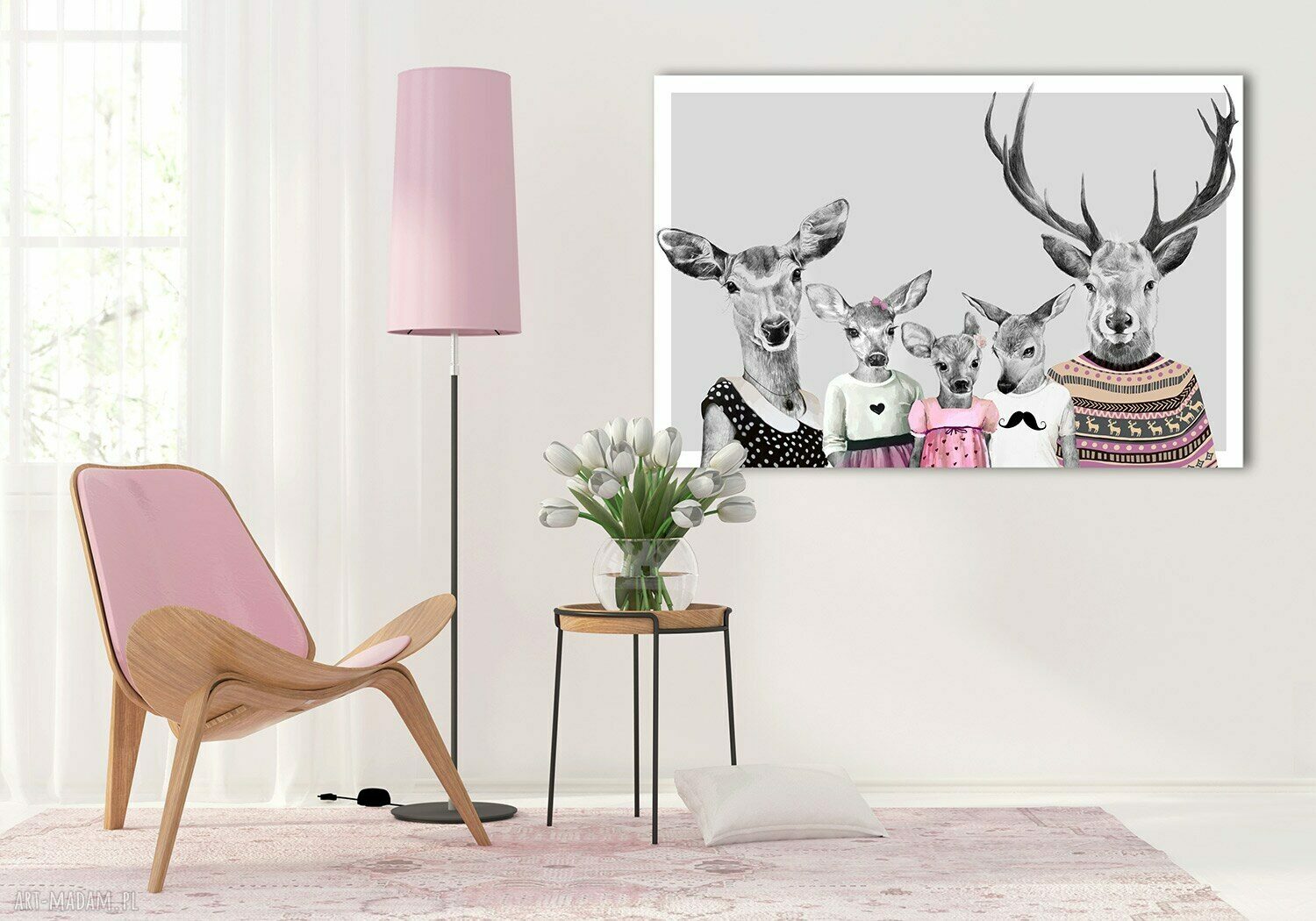 Nowoczesny obraz drukowany na płótnie 120x80 cm - Rodzina jeleni czerwonymi dodatkami