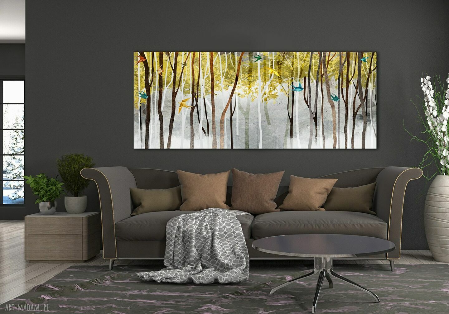 Obraz 'Ptaki Origami' do salonu - abstrakcyjny pejzaż na płótnie 147x60