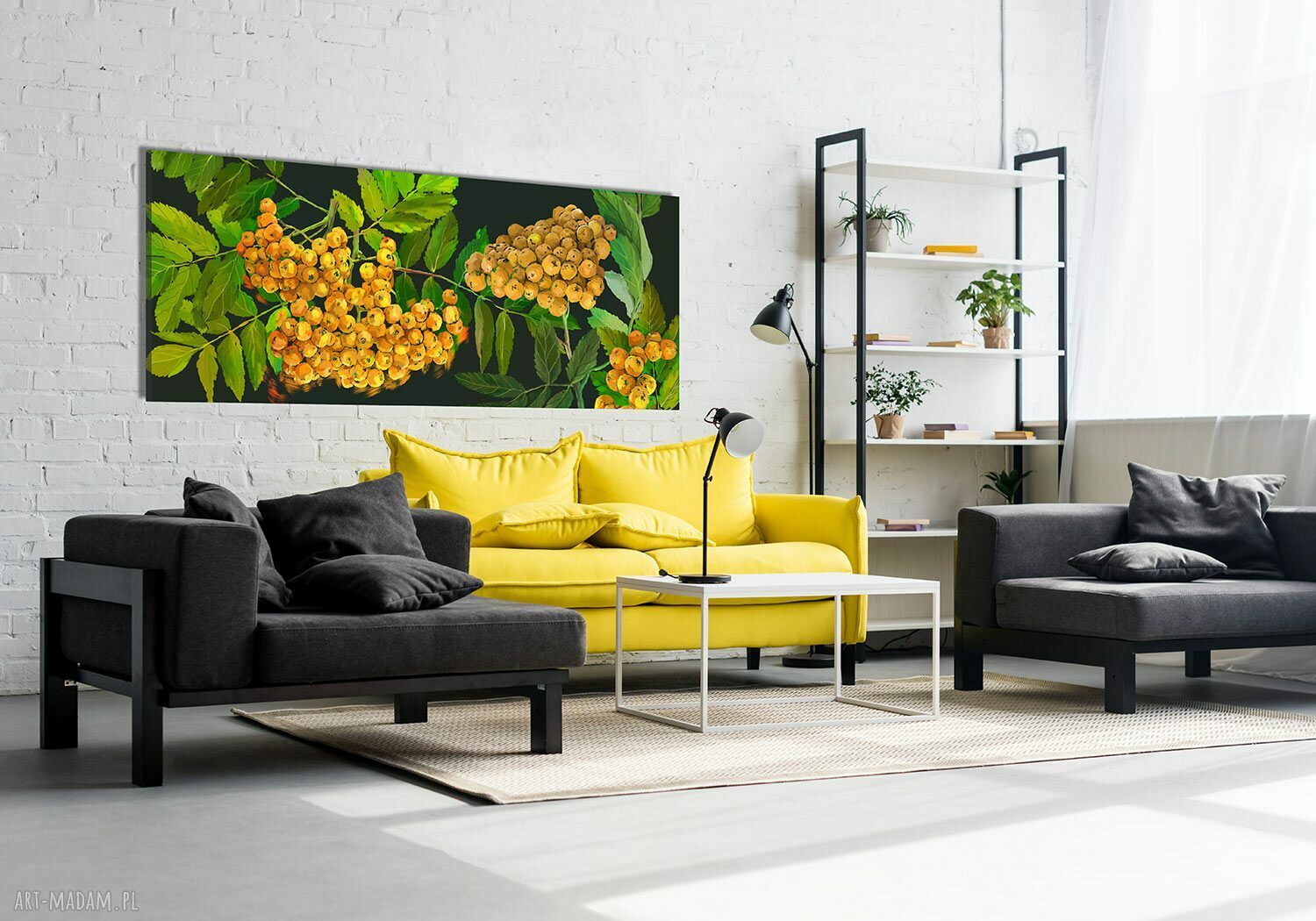 Nowoczesny obraz do salonu z żółtą jarzębiną 147x60 cm