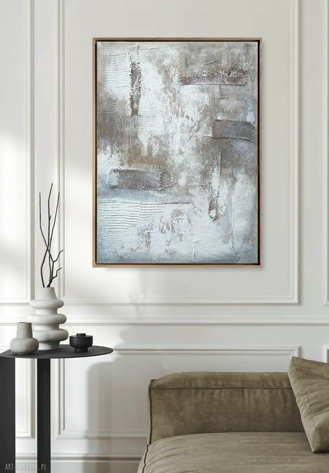 Abstrakcyjny obraz strukturalny 50x70 cm beże i szarości w stylu wabi-sabi