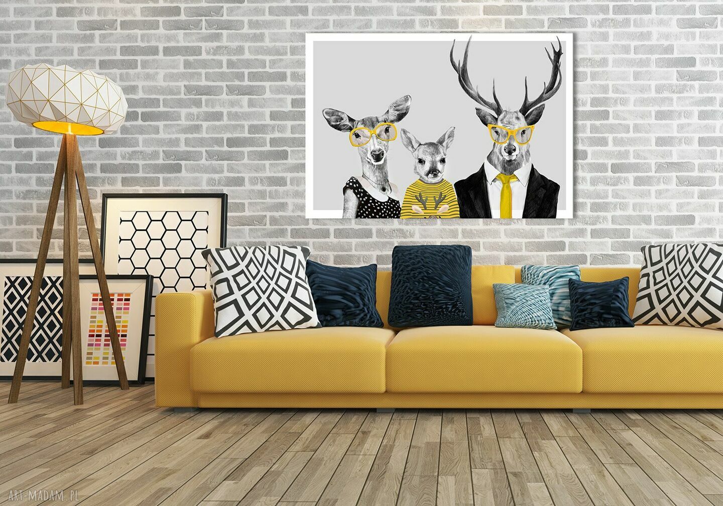 Rodzina jeleni z żółtymi dodatkami - nowoczesny obraz 120x80 cm