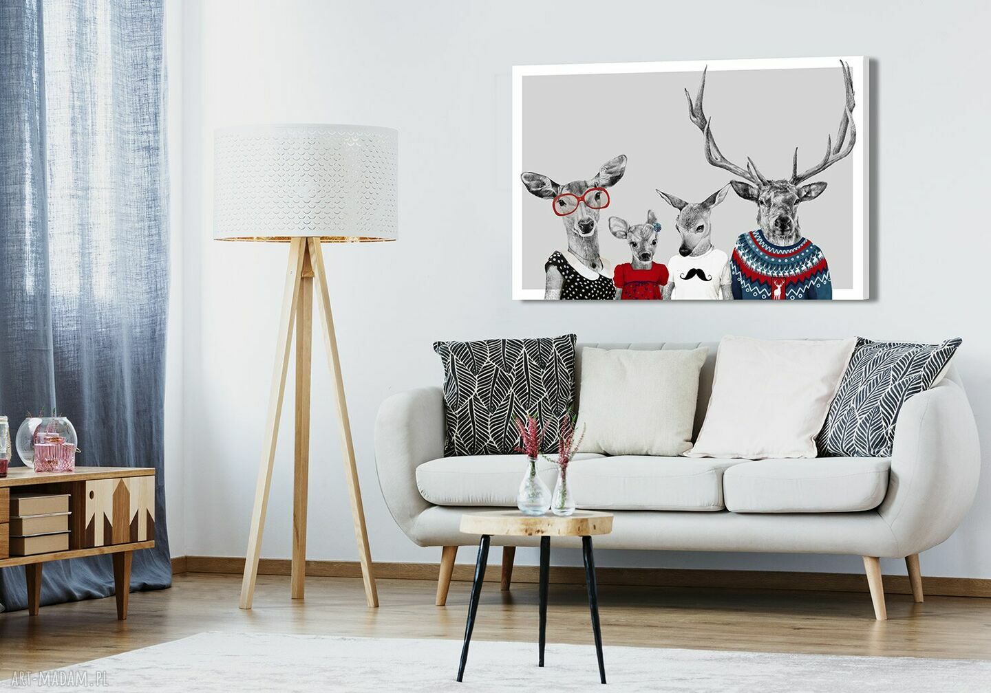 Nowoczesny obraz na płótnie 120x80 cm - Rodzina Jeleni w czerwonych dodatkach