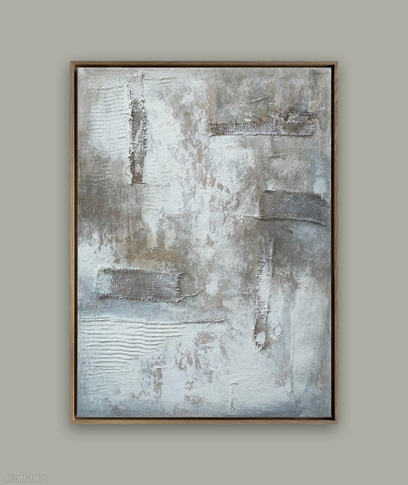 Abstrakcyjny obraz strukturalny 50x70 cm beże i szarości w stylu wabi-sabi