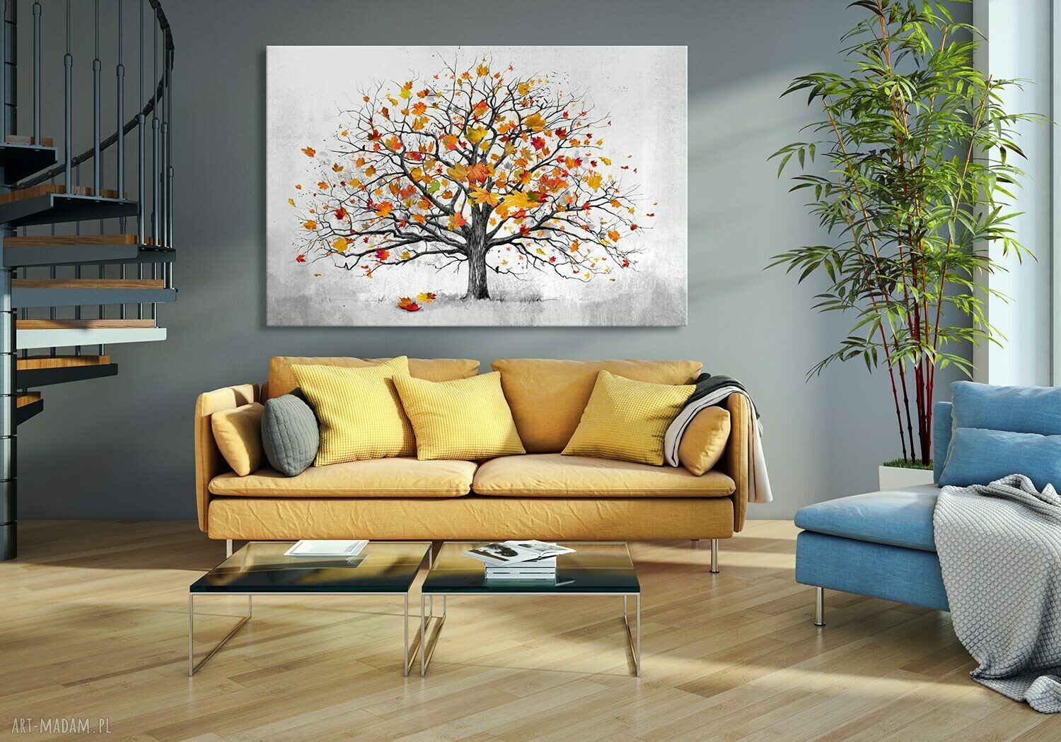 Nowoczesny obraz do salonu 120x80 cm z jesiennym drzewem i liśćmi na płótnie